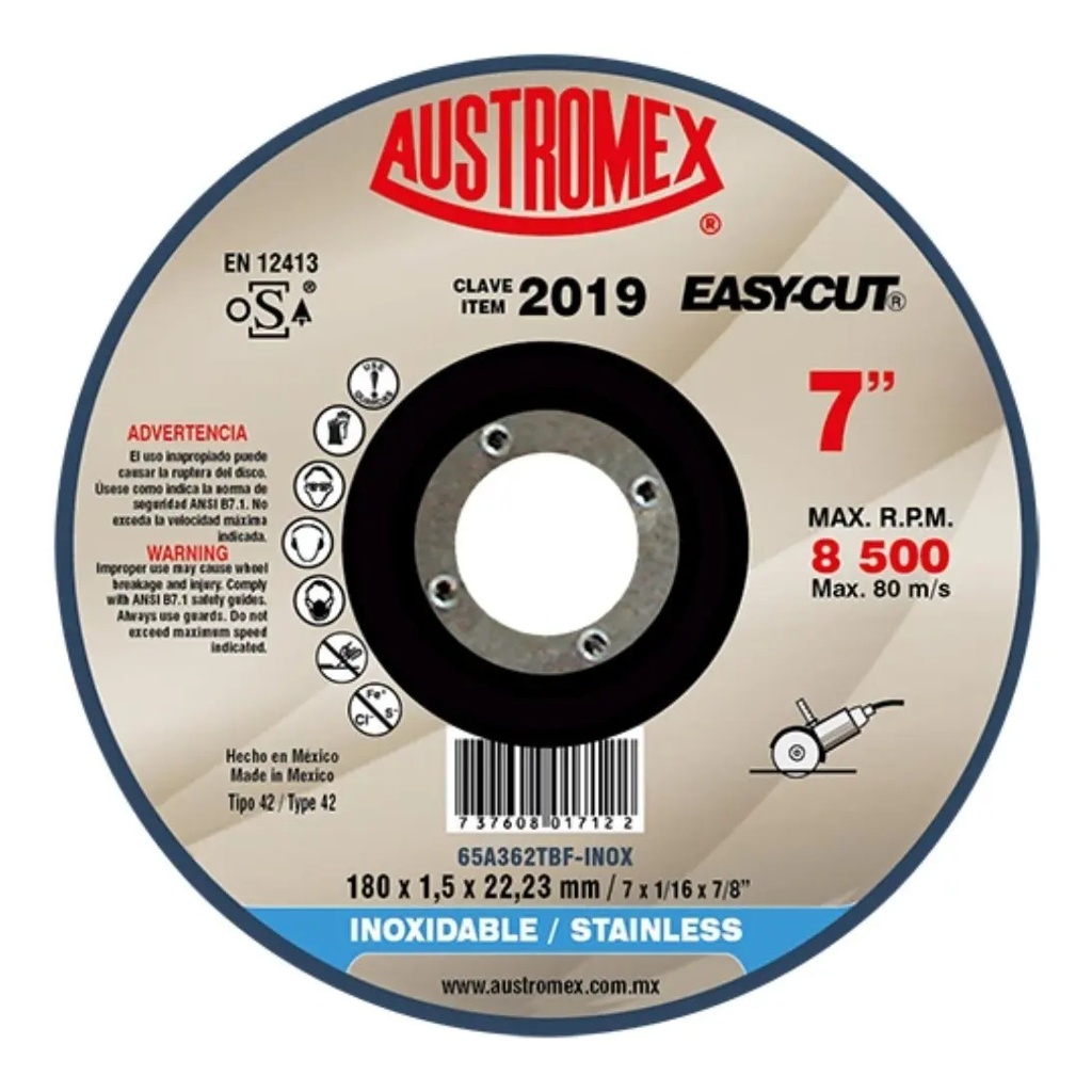 Disco 7" Inox AUX2019 Austromex para Corte y Desbaste