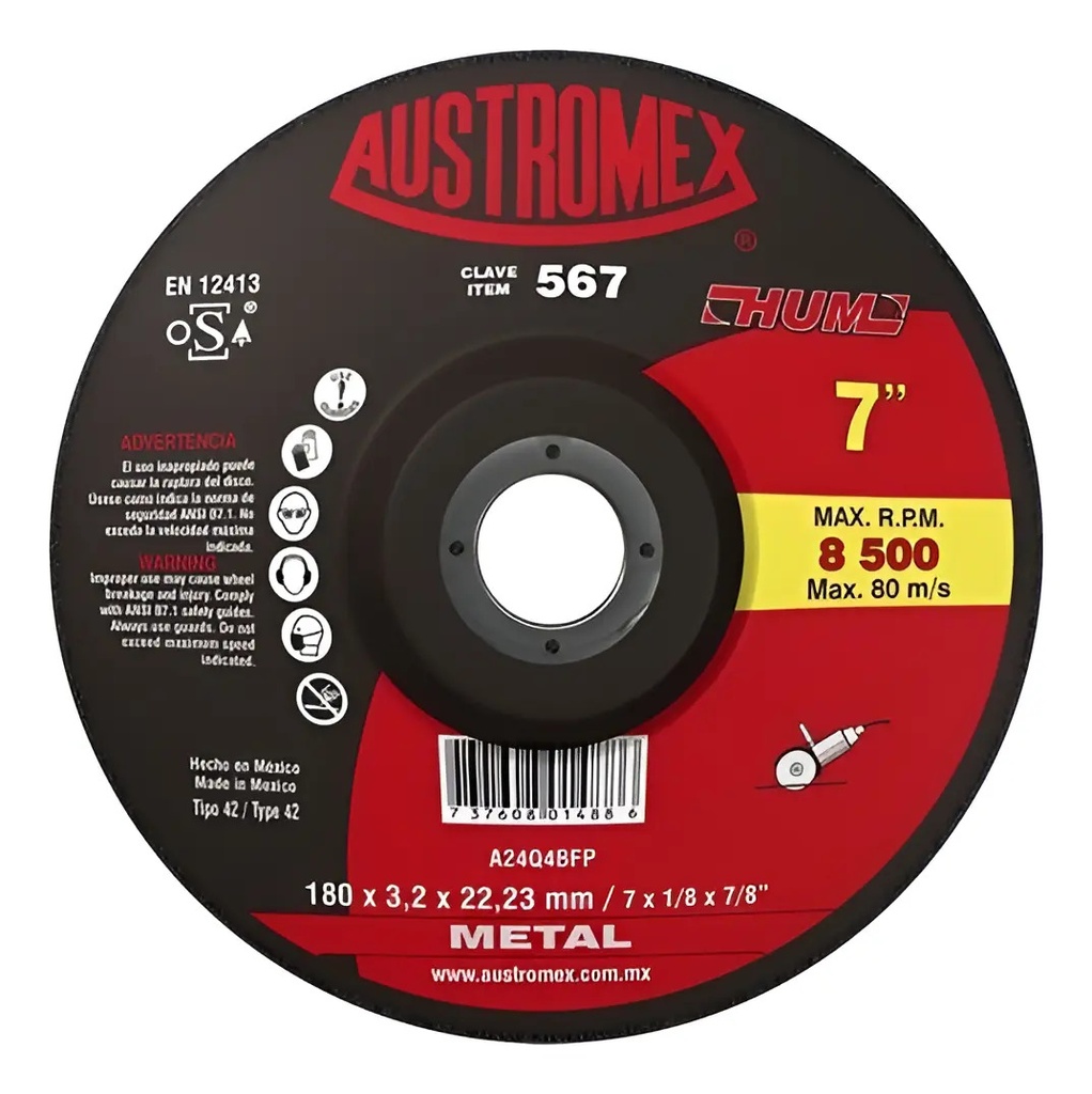 Disco 7" Metal AUX567 Austromex para Corte y Desbaste
