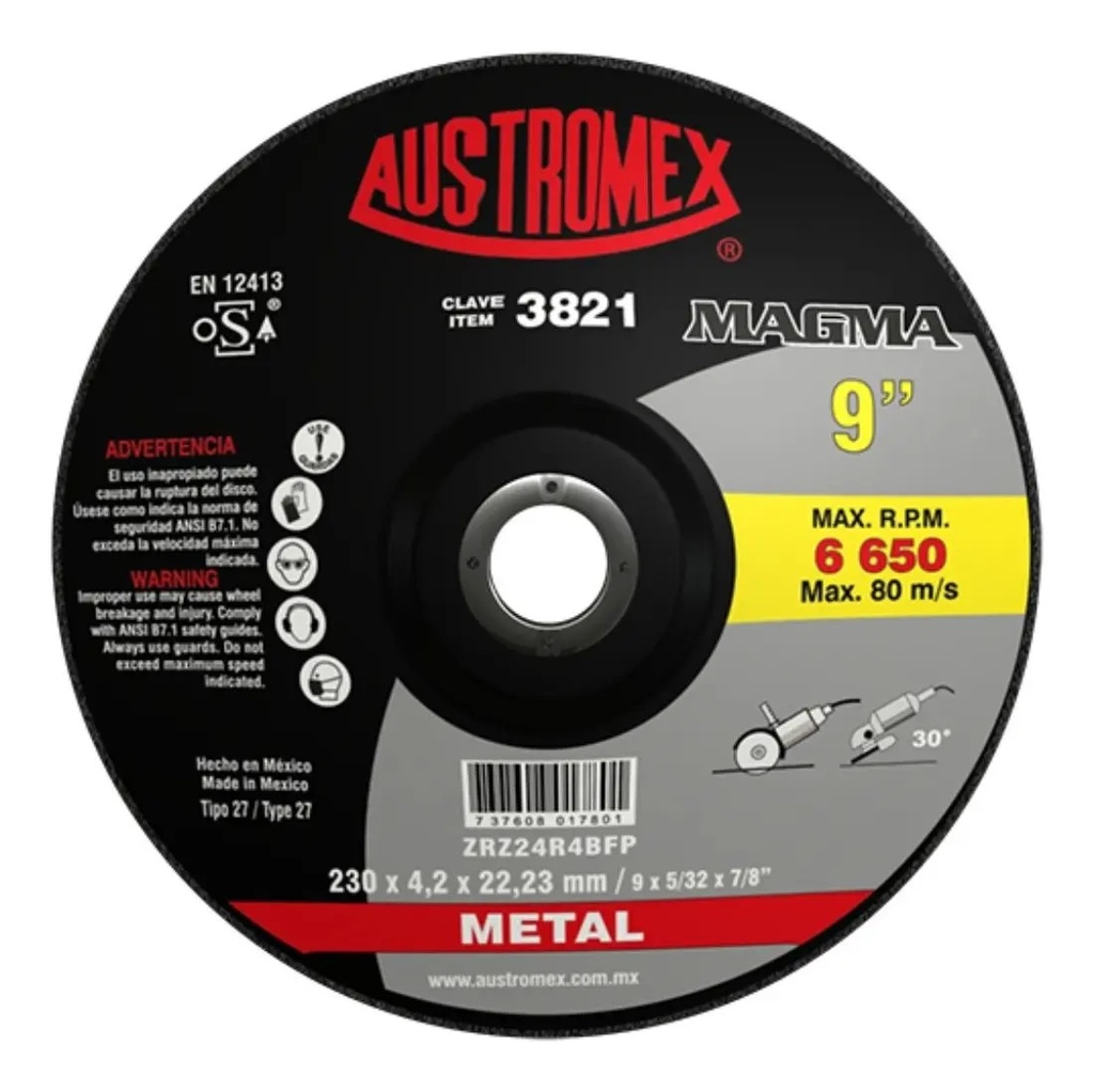 Disco 9" Desb Met AUX3821 Austromex para Corte y Desbaste