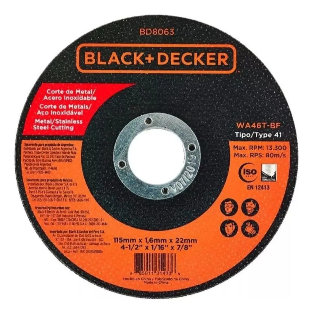 [BE-314336] Disco 4-1/2" Corte Metal BD8063 Black And Decker para Corte y Desbaste