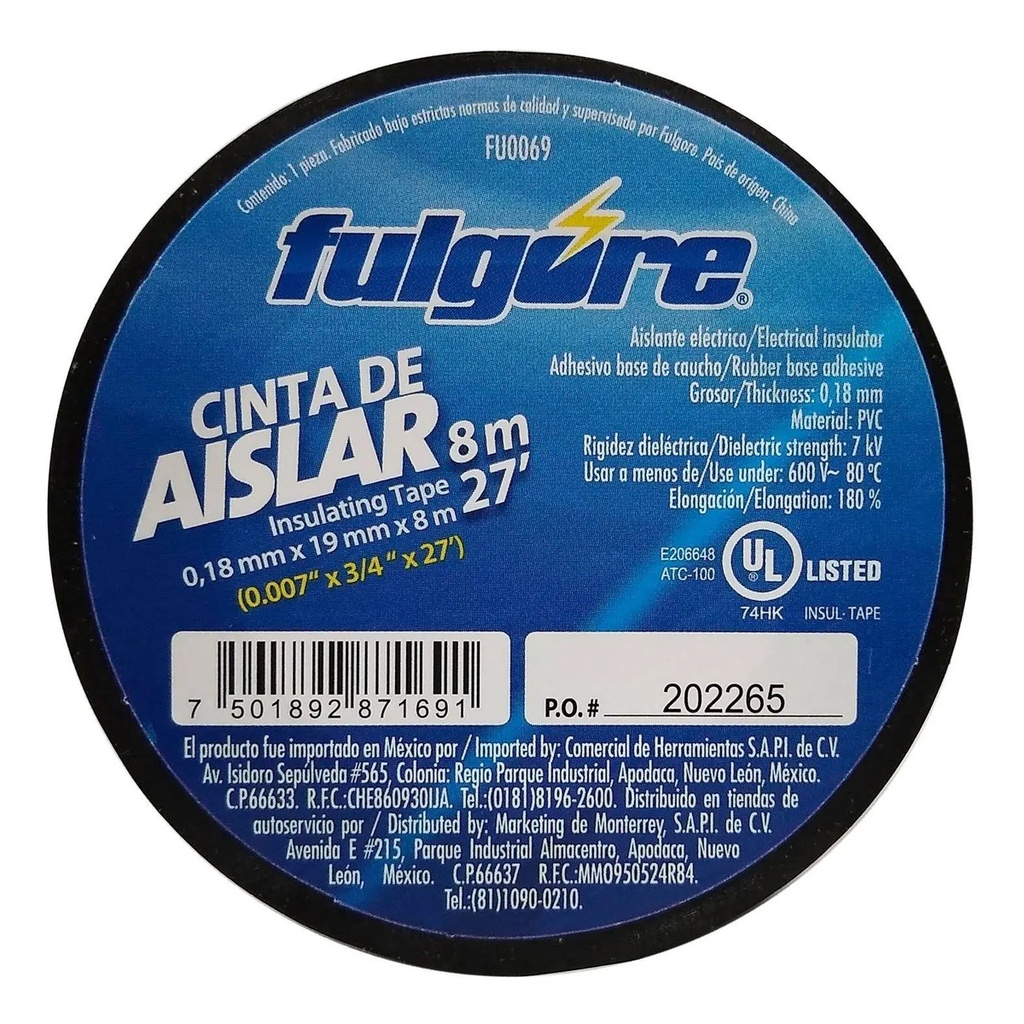 [BE-71691] Cinta Aislar 8M Negra FU0069 Fulgore para Taller y Obra