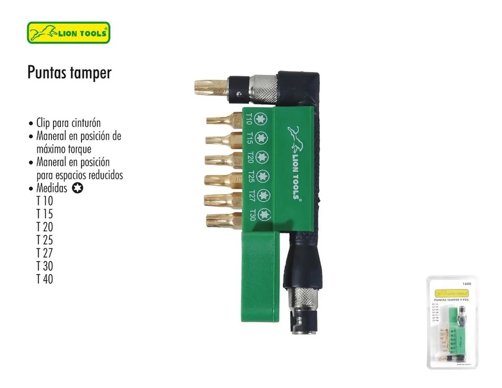 [BE-547187] Puntas Tamper 9PZ Lion 1600 Lion Tools para Atornillar