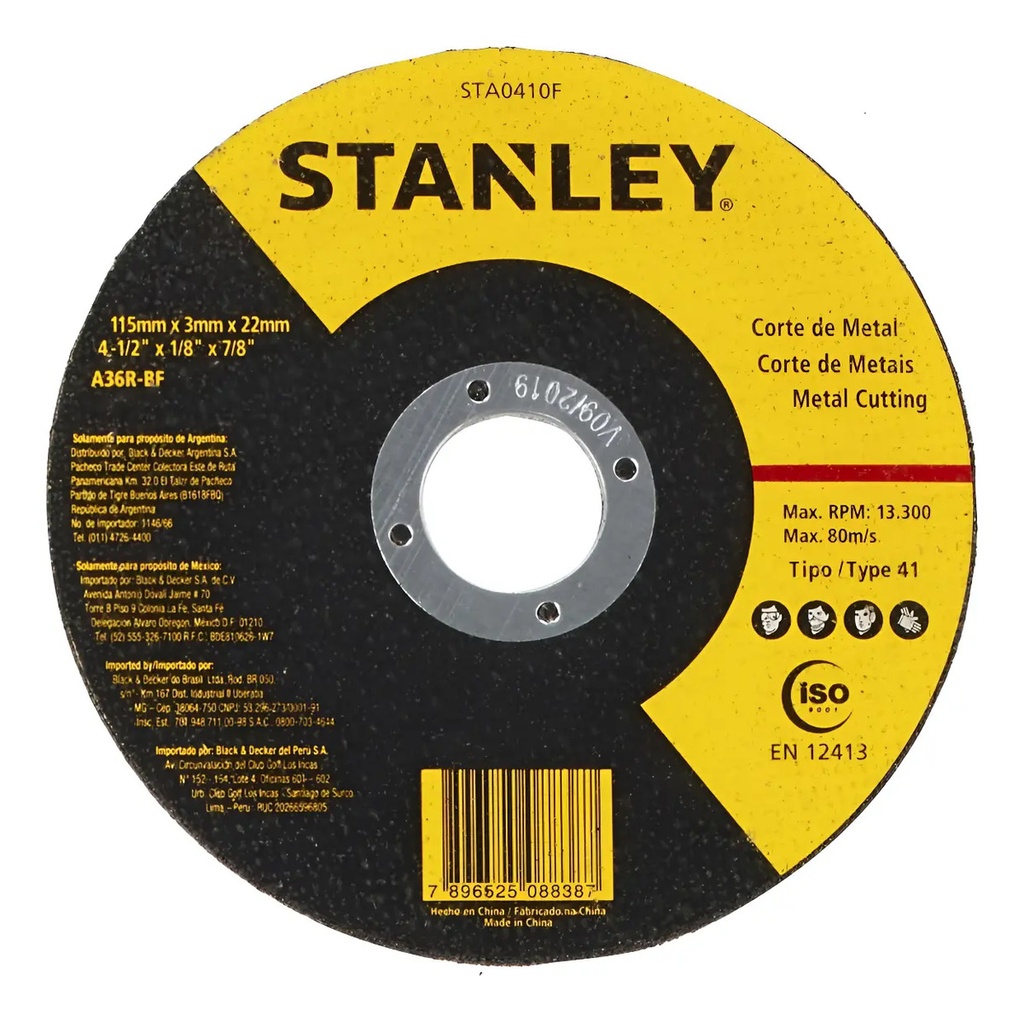 [BE-88387] Disco Corte Metal 4-1/2" ST0410F Stanley para Corte y Desbaste