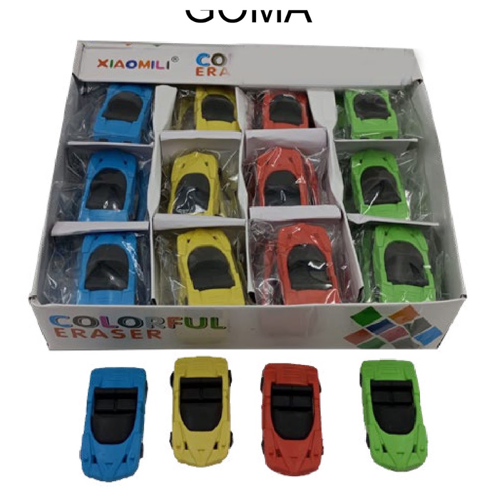 Goma Figura Carritos 48 Piezas en Exhibidor Escolar Caja 32 pzas
