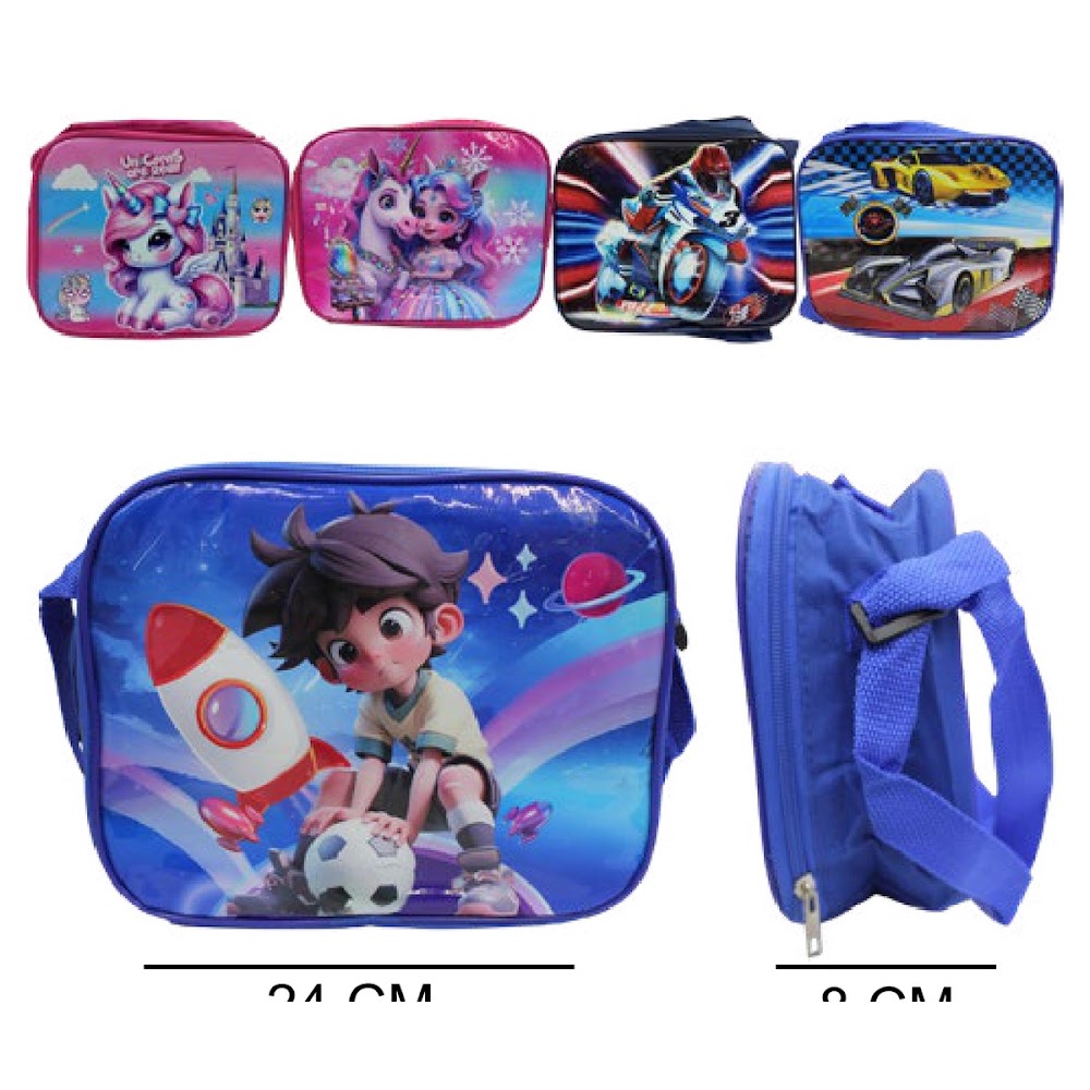 [EB-BG55962] Lonchera Escolar 24x19x8 cm con Correa Diseños Surtidos Caja 240 pzas