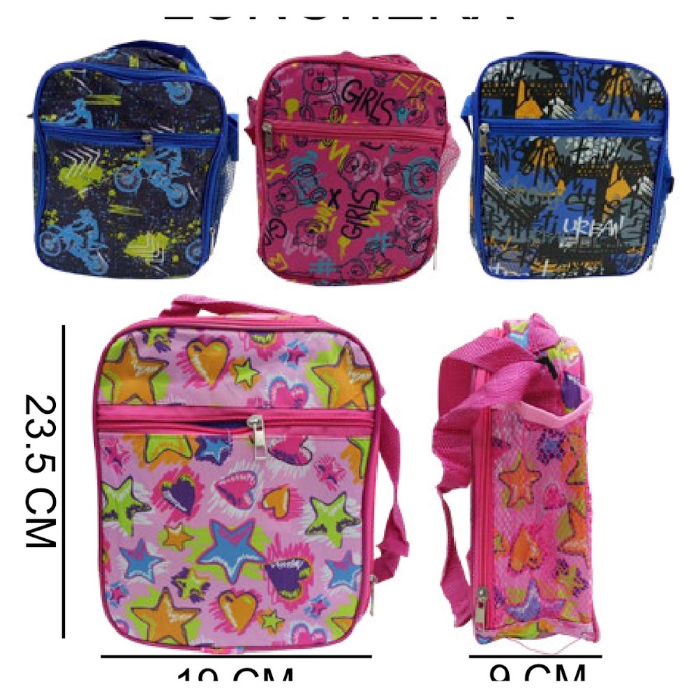 [EB-BG55929] Lonchera Escolar 19x23.5x9 cm con Cierre y Correa Caja 240 pzas