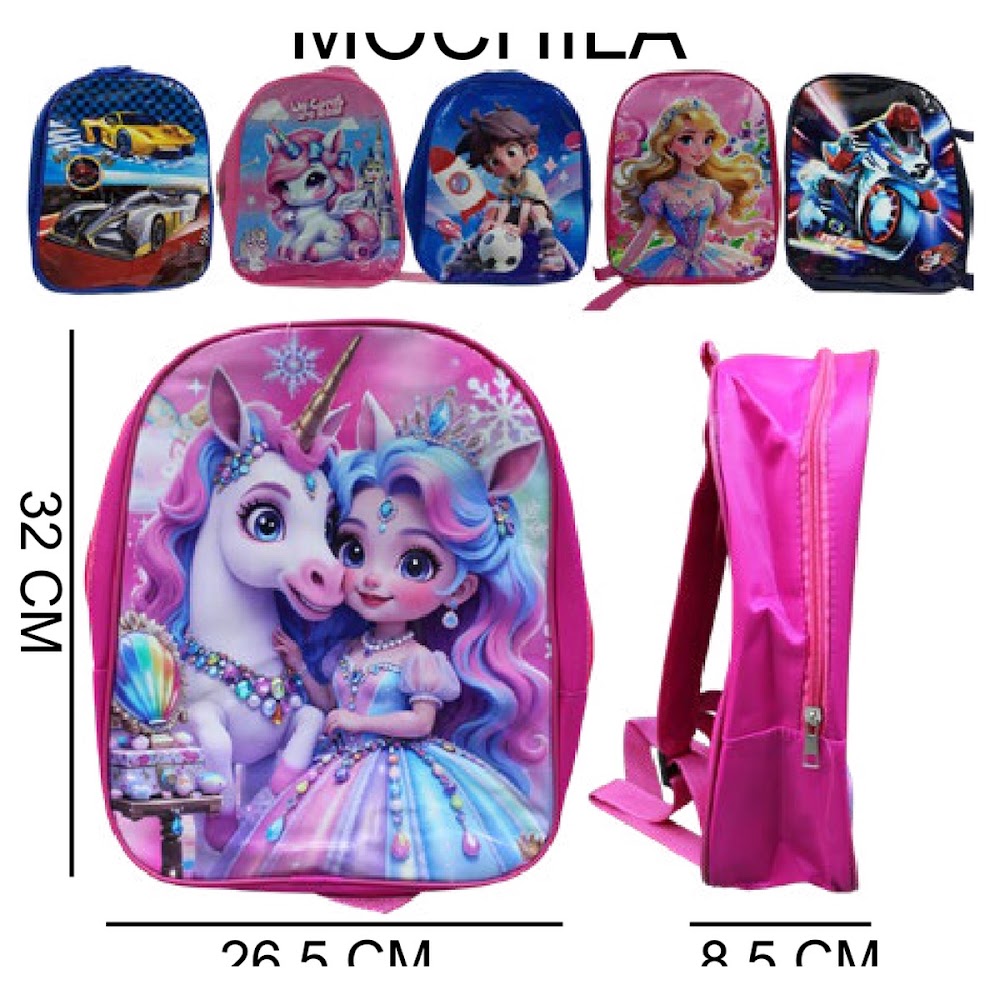 [EB-BG55966] Mochila Escolar 3D 26.5x32x8.5 cm Diseños Surtidos Caja 100 pzas