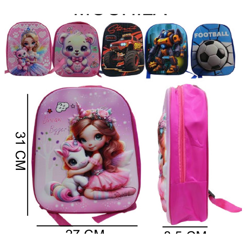 [EB-BG55970] Mochila Escolar 3D 27x31x8.5 cm Diseños Surtidos Caja 120 pzas