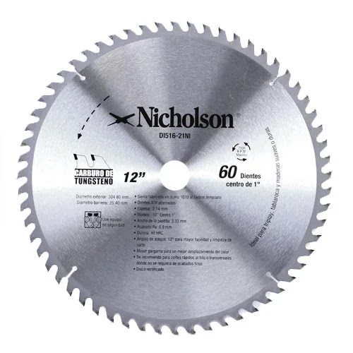 Sierra Disco Madera 12"y60Dy25 mm Carburo para Madera Nicholson