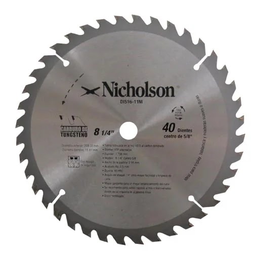 Sierra Disco Madera 8"y40Dy16 mm Carburo para Madera Nicholson