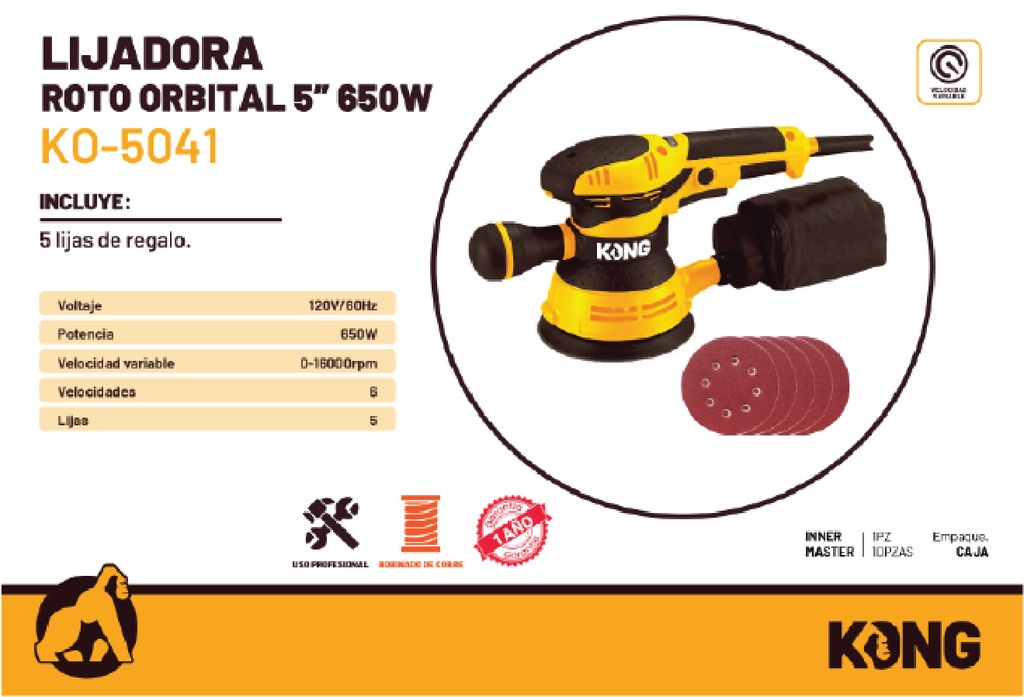 Lijadora Roto Orbital 5" 650W Velocidad Variable Kong KO-5041 Caja 10 Pzs
