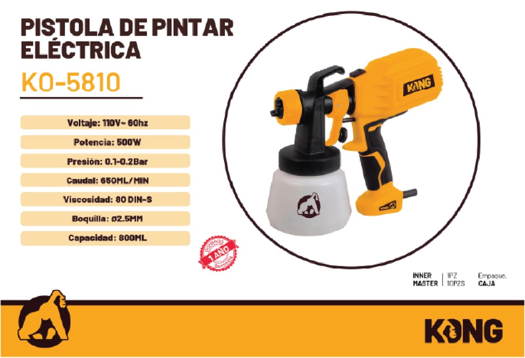 Pistola de Pintar Eléctrica 500W 800ml Kong KO-5810 Caja 10 Piezas