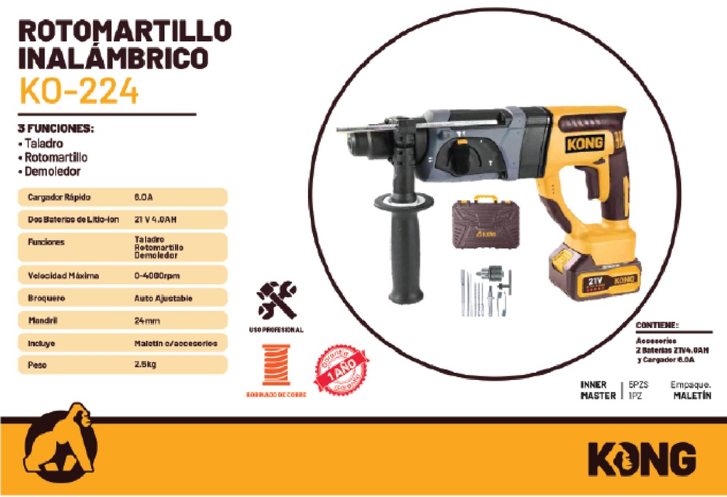 Rotomartillo SDS Inalámbrico 21V 2 Baterías 4Ah Kong KO-224 Caja 5 Pzs
