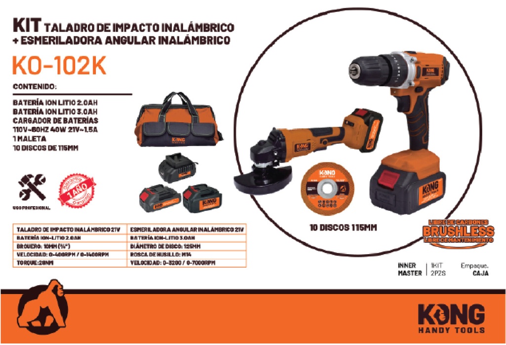 Kit Taladro de Impacto + Esmeriladora Inalámbricos 21V Brushless Kong KO-102K Caja 2