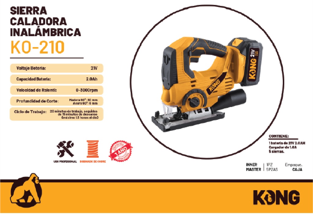 Sierra Caladora Inalámbrica 21V 2Ah Kong KO-210 Caja Cerrada 5 Piezas