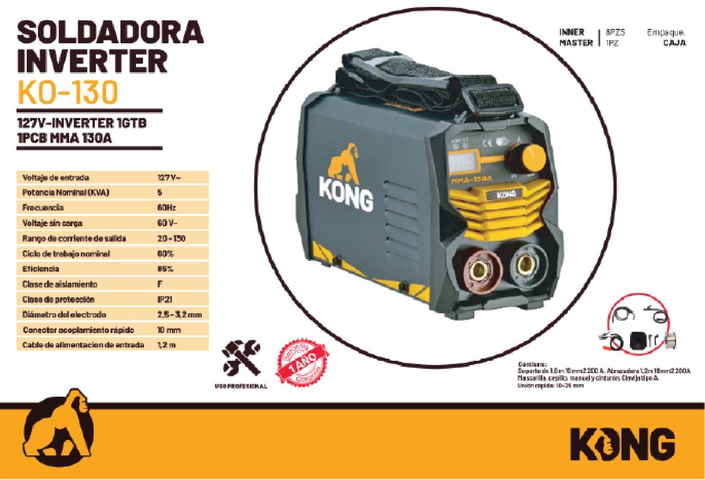 Soldadora Inverter (Inversora) 130A 127V Kong KO-130 Caja Cerrada 8 Piezas