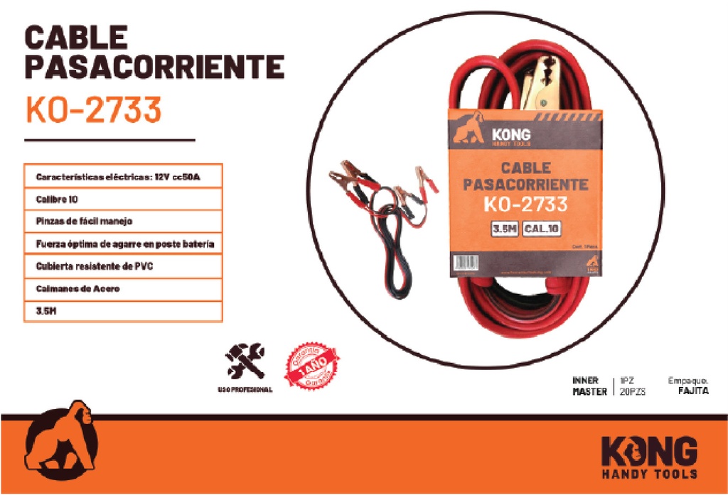 Cables Pasacorriente Calibre 10 3.5m 50A Kong KO-2733 Caja Cerrada 20 Pzs