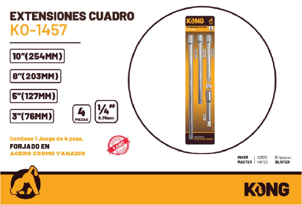 Juego de Extensiones para Dados 1/4" 4 Pzs Cromo Vanadio Kong KO-1457 Caja 48