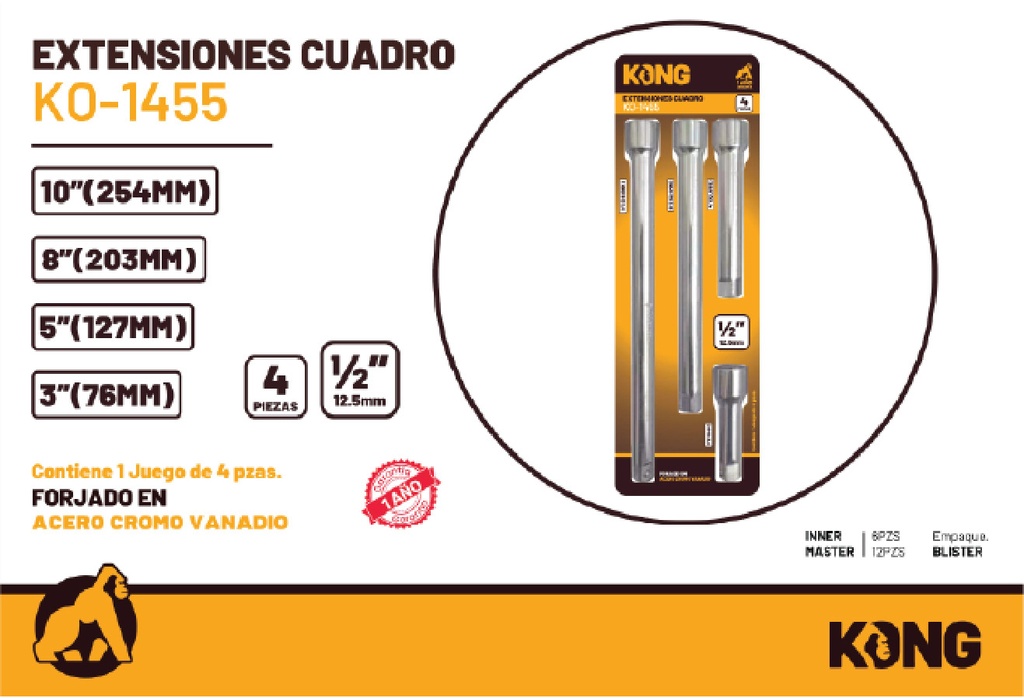 Juego de Extensiones para Dados 1/2" 4 Pzs Cromo Vanadio Kong KO-1455 Caja 12