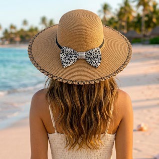 Sombrero para Dama Paja Beige con Moño Estampado Caja 240 Pz GS76074