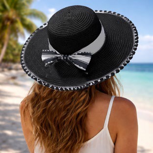 Sombrero para Dama Paja Negro con Cinta Blanca Caja 240 Pz GS76079