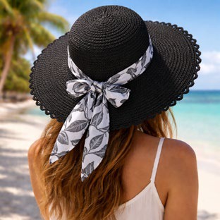 Sombrero para Dama Paja Negro con Pañuelo Estampado Caja 240 Pz GS76075