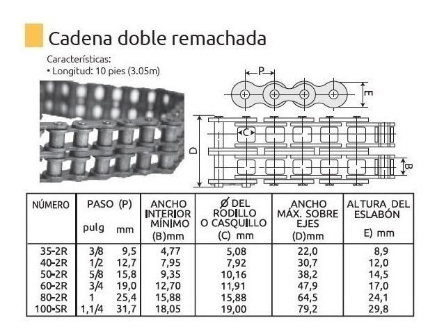 Cadena De Rodillos Doble 3.05Mt 60-2R  