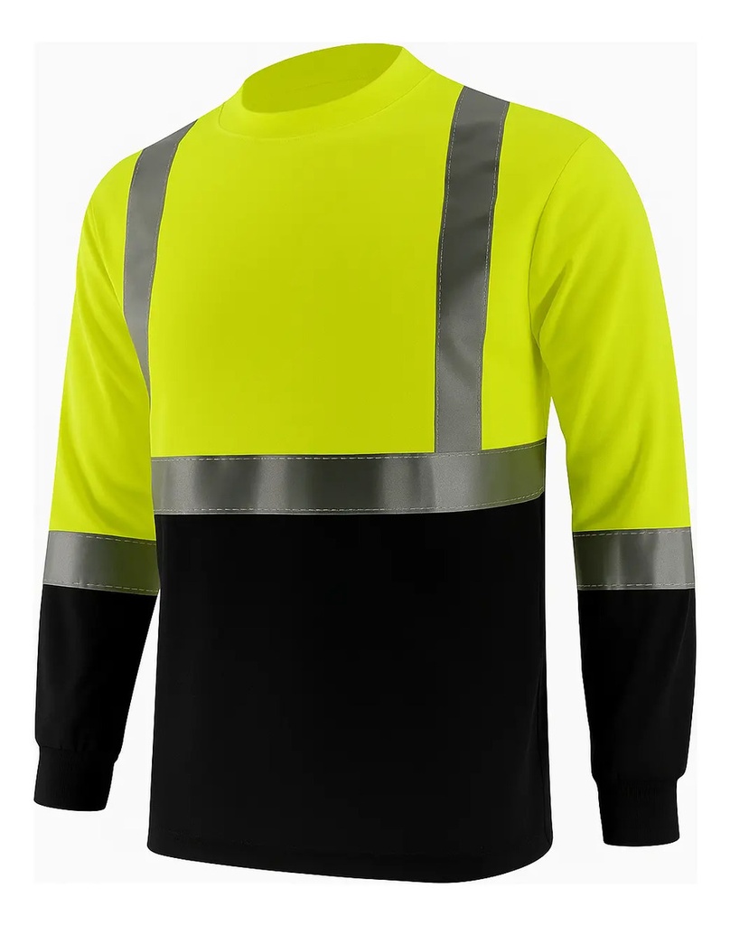 [BL-502-NEO-NEG-L] Playera Alta Visibilidad Cómoda Manga Larga Reflejante Sport - Neon- Negro
