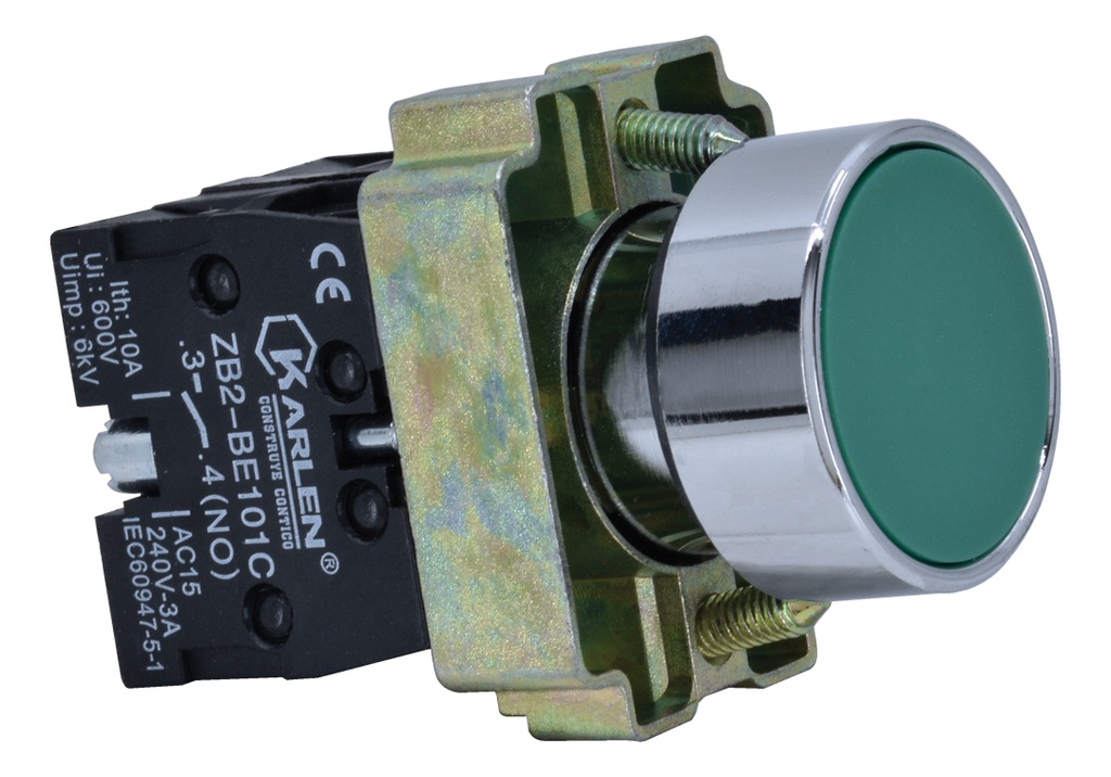 BOTÓN PULSADOR VERDE SIN SIMBOLO SB2-BA35 NO+NC, 220Vca