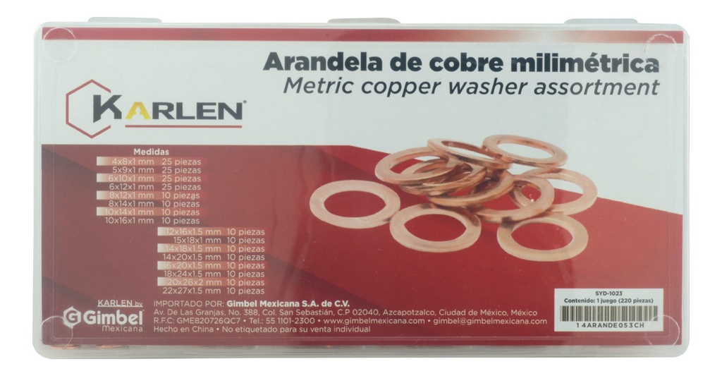 [GM-14ARANDE053CH] Arandela de Cobre Milimétrica Surtida (220 Piezas)