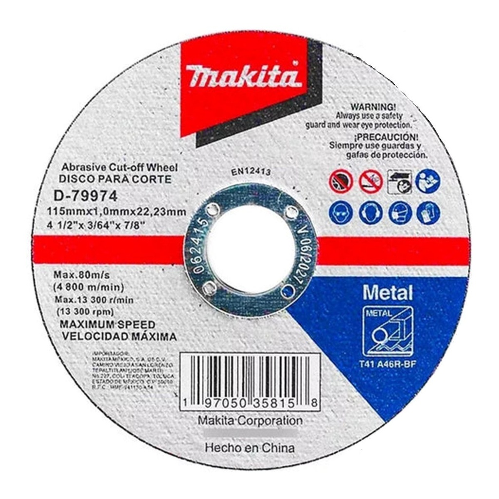 [CM-771] Disco de Corte Makita 4-1/2" Extra Fino (1.0mm) Original D-79974 - Acero Inoxidable y Metal - Para Esmeriladora Angular - Corte Rápido y Preciso
